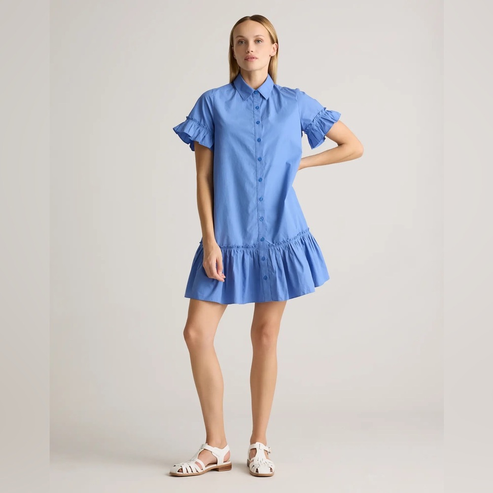 100% Organic Cotton Poplin Short Sleeve Ruffle Shirt Dress